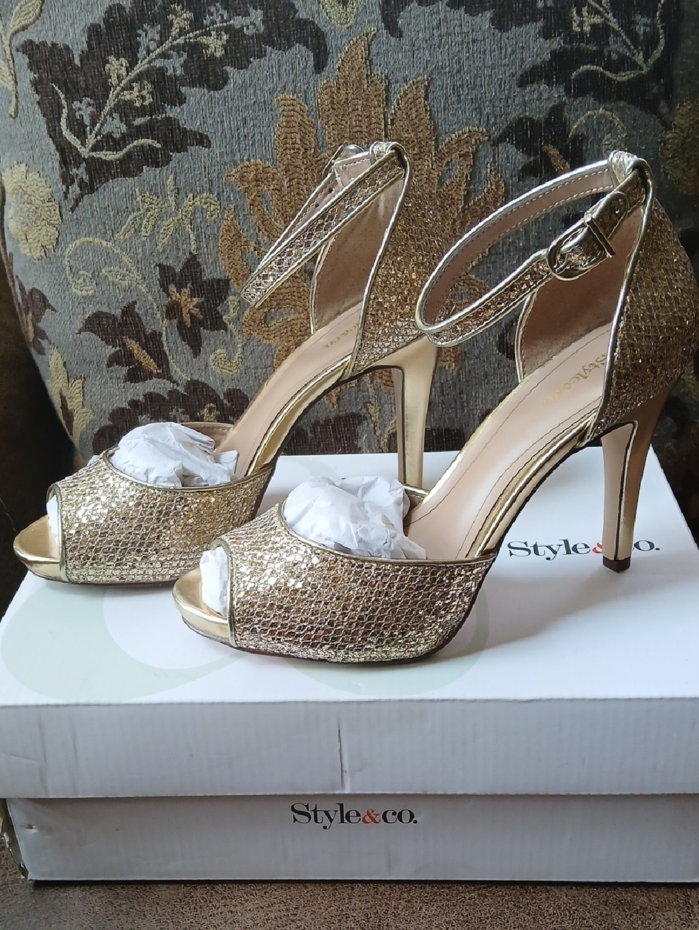Style & Co. Gold Glitter Peep-Toe Ankle-Strap Stilettos